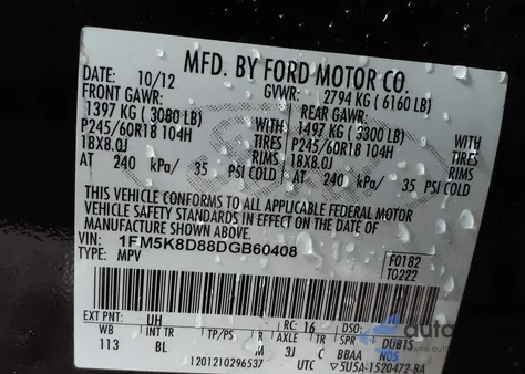 2013 Ford Explorer Xlt z USA, uszkodzony, nr VIN 1FM5K8D88DGB60408